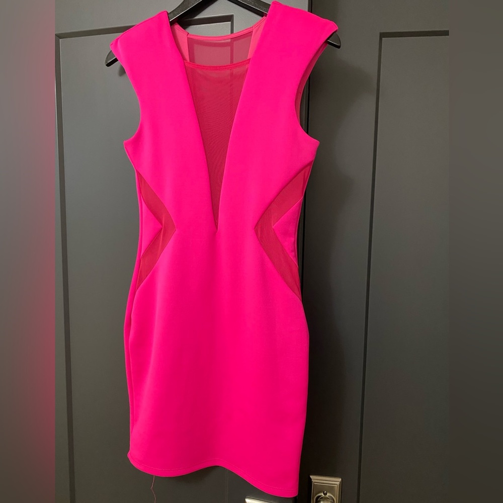 Arden B scuba body con dress with mesh detail